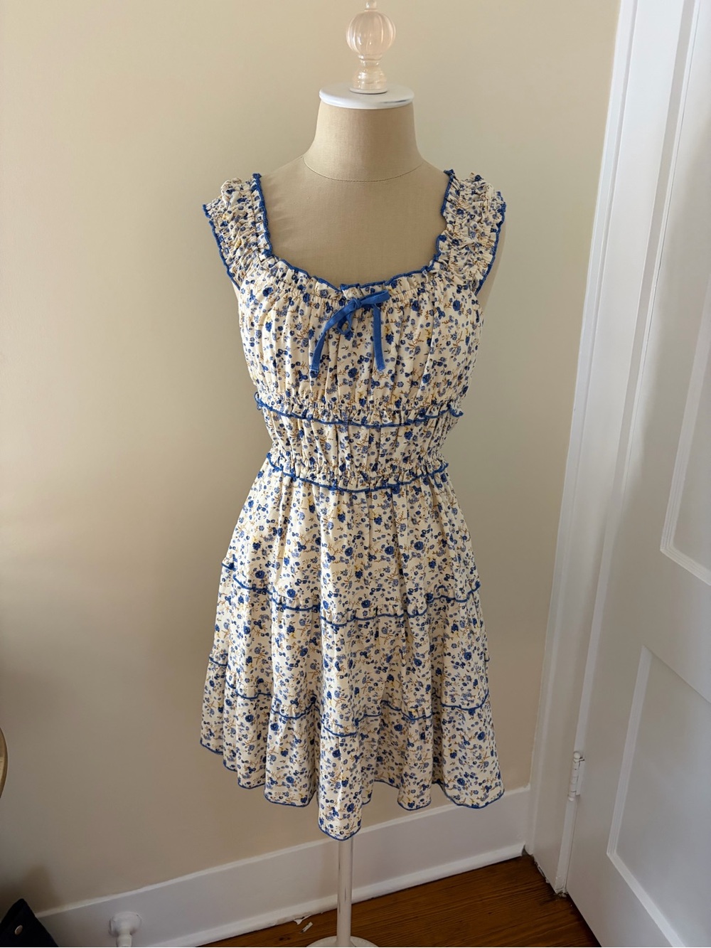 Japna Cream and Blue Floral Smocked Mini Dress